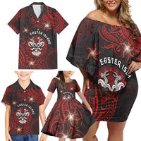 Personalised Easter Island Family Matching Off Shoulder Short Dress and Hawaiian Shirt Hibiscus Polynesian Tribal Pattern