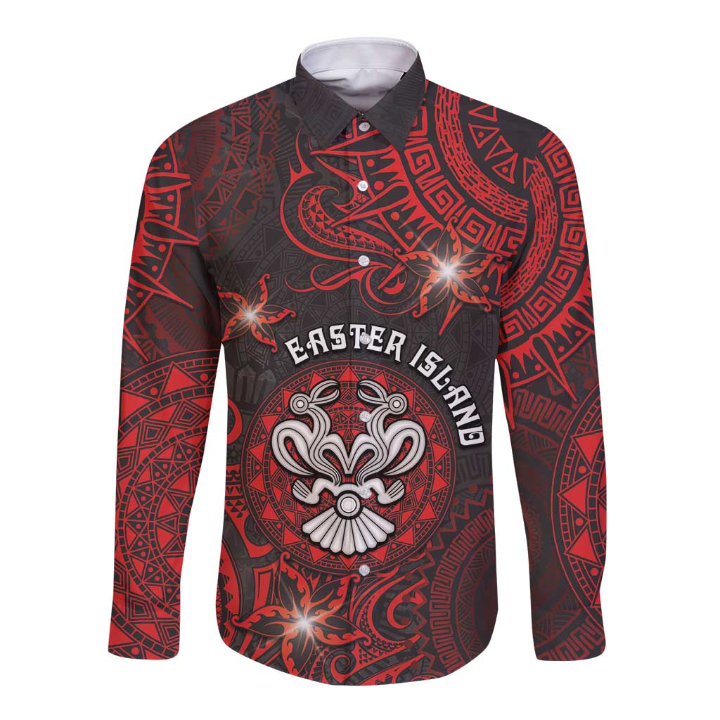 Personalised Easter Island Long Sleeve Button Shirt Hibiscus Polynesian Tribal Pattern