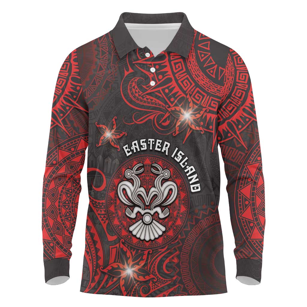 Personalised Easter Island Long Sleeve Polo Shirt Hibiscus Polynesian Tribal Pattern