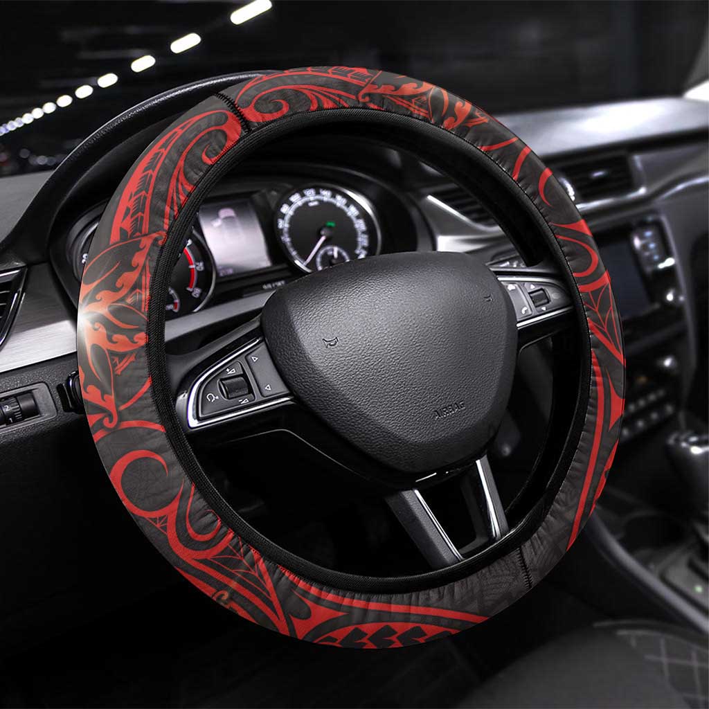 Easter Island Steering Wheel Cover Hibiscus Polynesian Tribal Pattern DT05 Universal Fit Black - Polynesian Pride