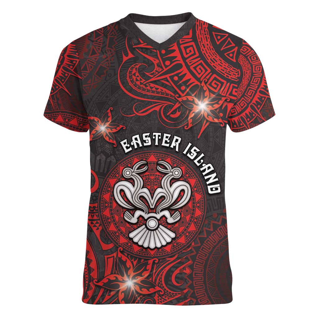 Personalised Easter Island Women V-Neck T-Shirt Hibiscus Polynesian Tribal Pattern