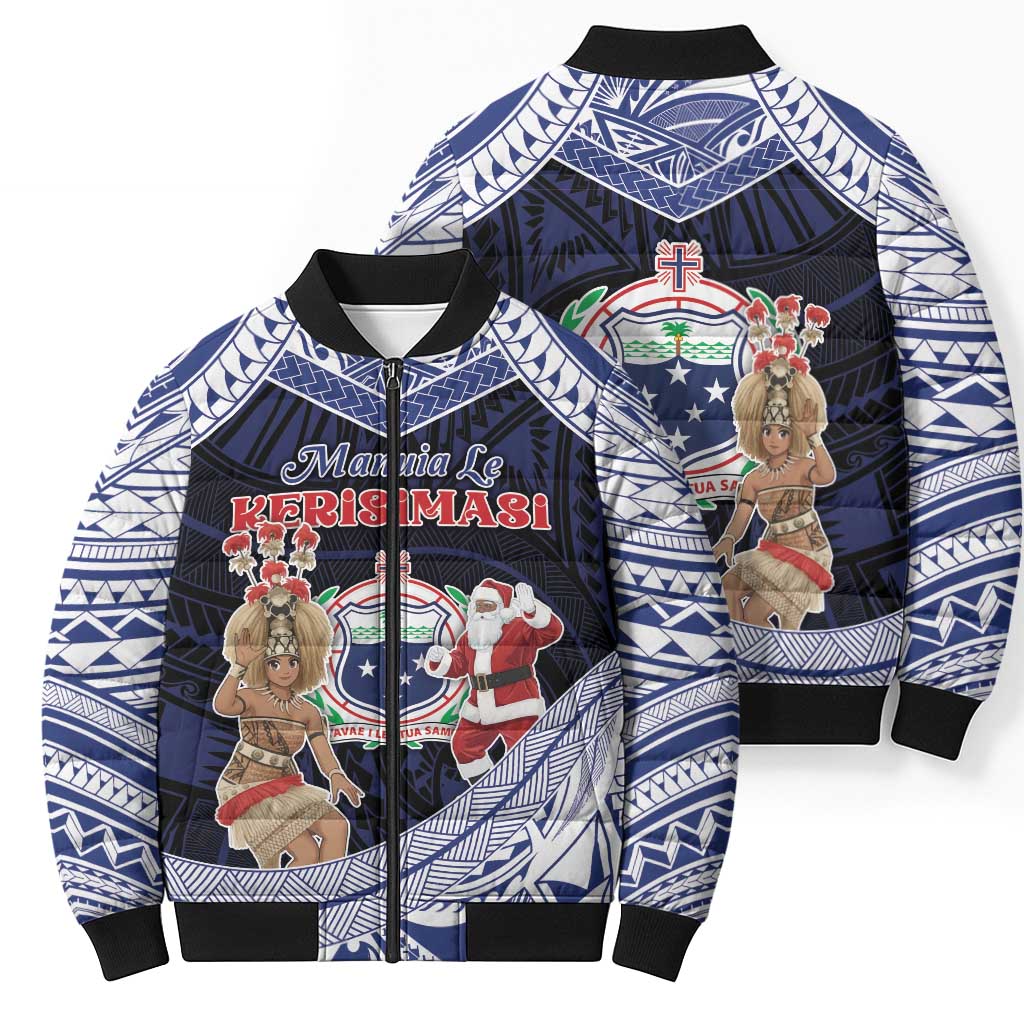 Samoa Christmas Bomber Puffer Jacket Samoan Siva Dance With Santa - Polynesian Pride
