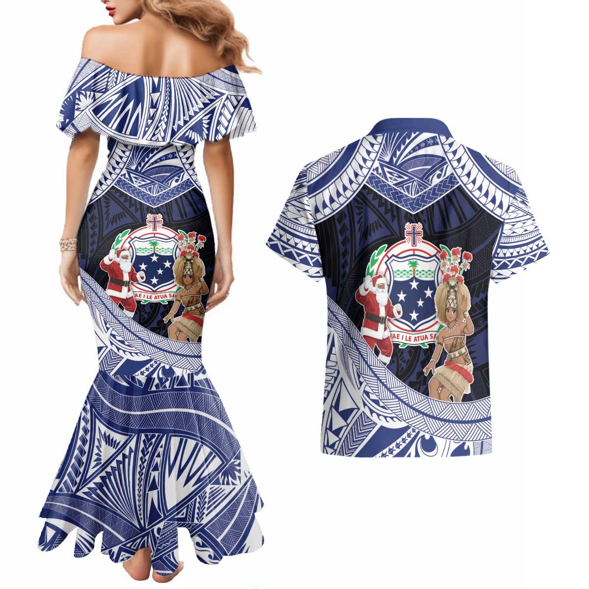 Samoa Christmas Couples Matching Mermaid Dress and Hawaiian Shirt Samoan Siva Dance With Santa - Polynesian Pride