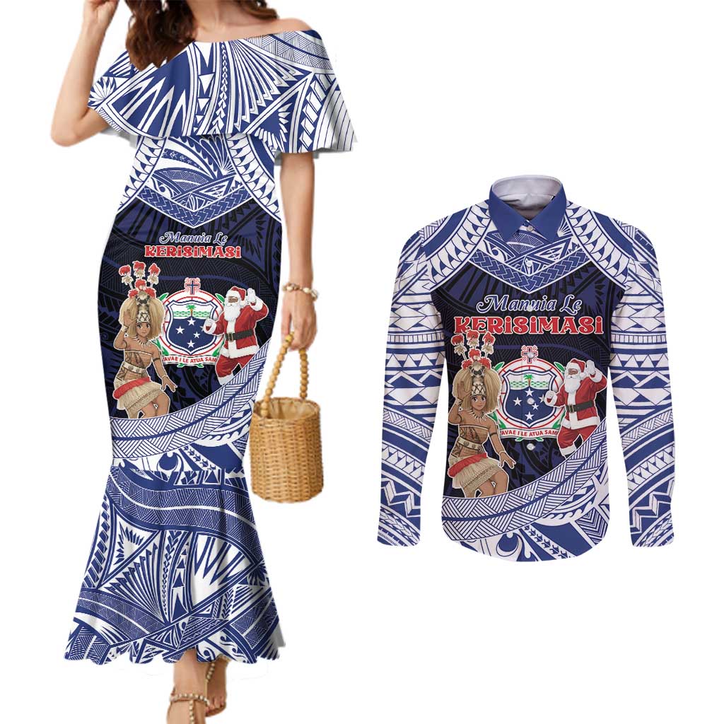 Samoa Christmas Couples Matching Mermaid Dress and Long Sleeve Button Shirt Samoan Siva Dance With Santa - Polynesian Pride