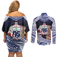 Samoa Christmas Couples Matching Off Shoulder Short Dress and Long Sleeve Button Shirt Samoan Siva Dance With Santa - Polynesian Pride