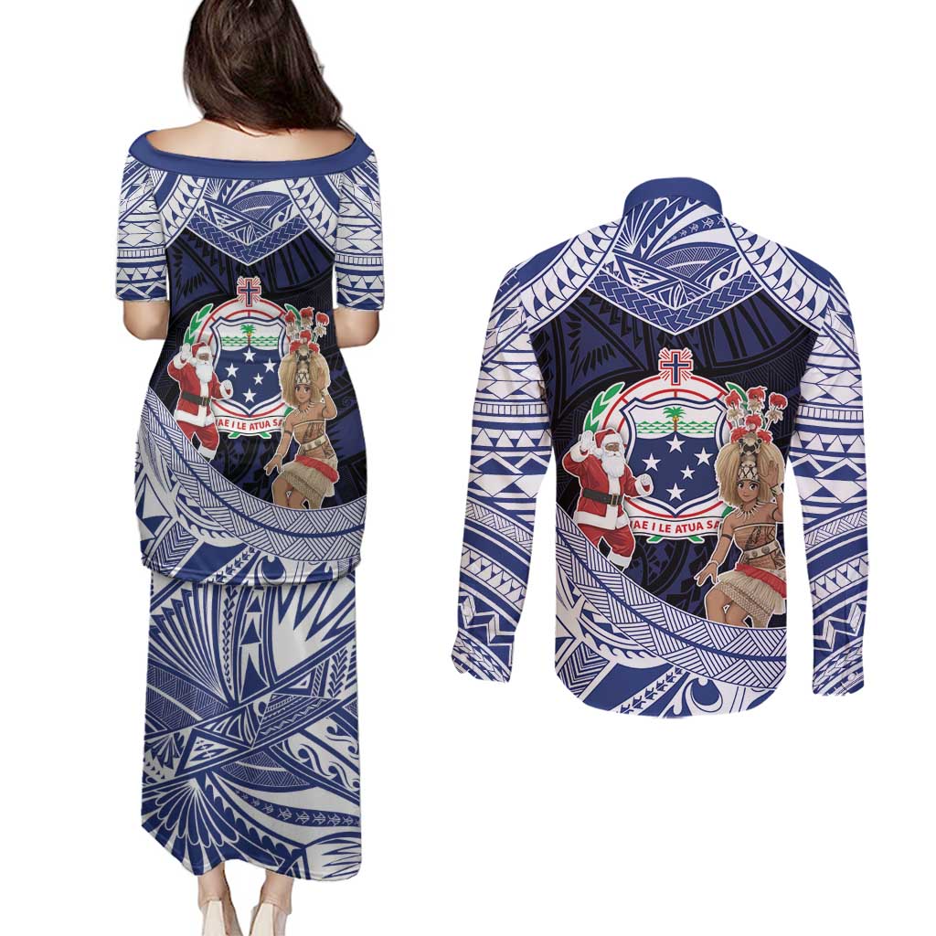 Samoa Christmas Couples Matching Puletasi and Long Sleeve Button Shirt Samoan Siva Dance With Santa - Polynesian Pride