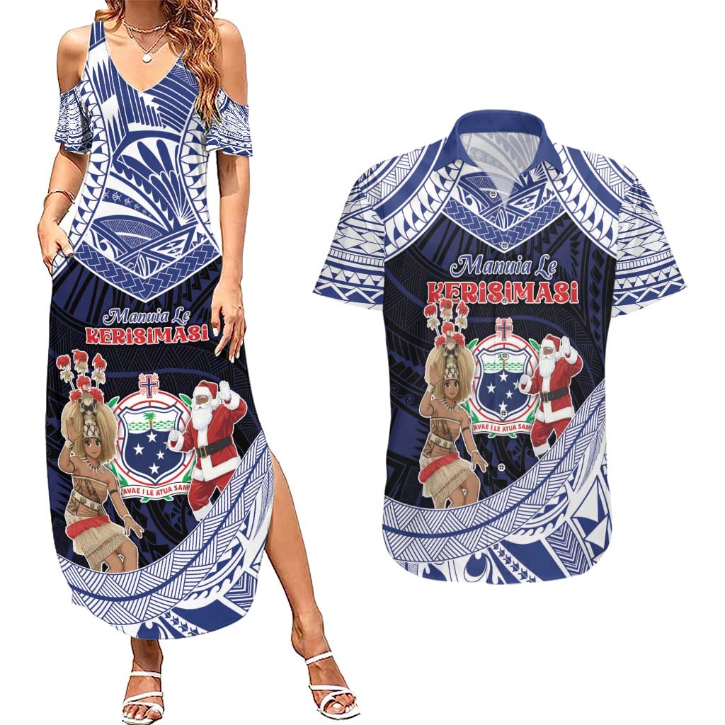 Samoa Christmas Couples Matching Summer Maxi Dress and Hawaiian Shirt Samoan Siva Dance With Santa - Polynesian Pride