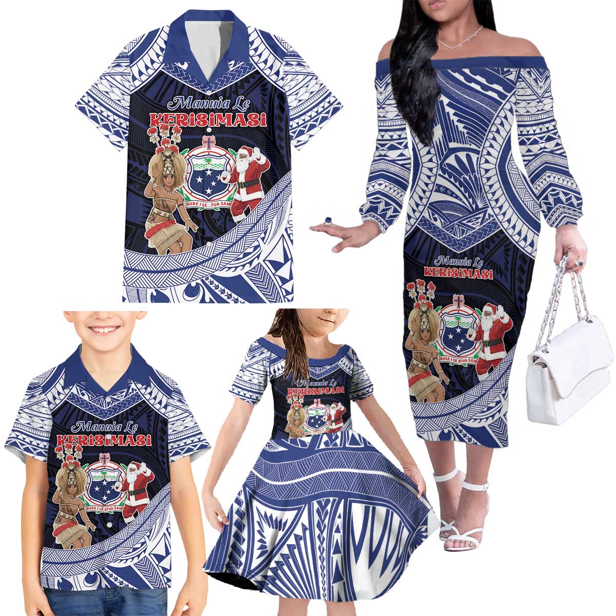 Samoa Christmas Family Matching Off The Shoulder Long Sleeve Dress and Hawaiian Shirt Samoan Siva Dance With Santa - Polynesian Pride