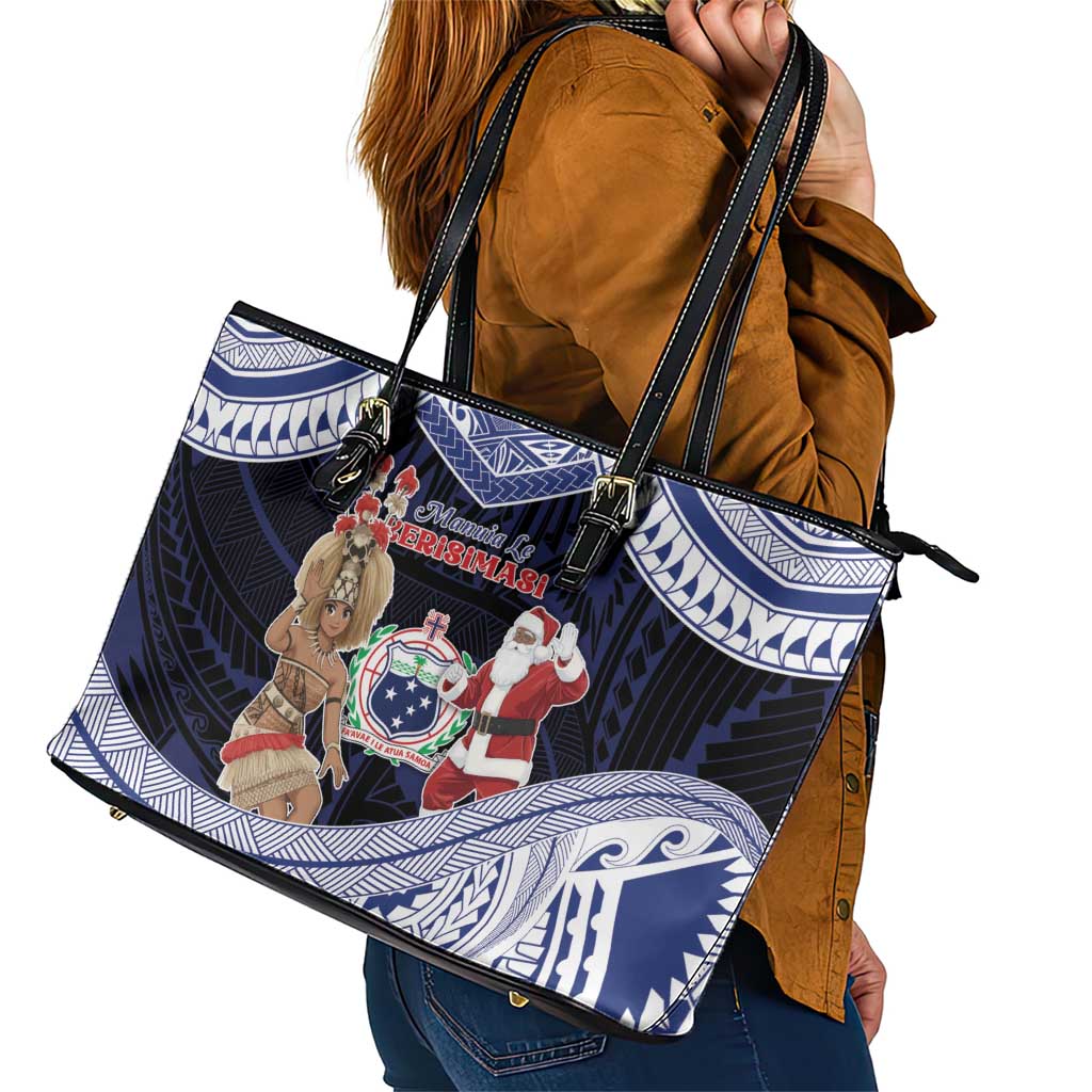 Samoa Christmas Leather Tote Bag Samoan Siva Dance With Santa - Polynesian Pride