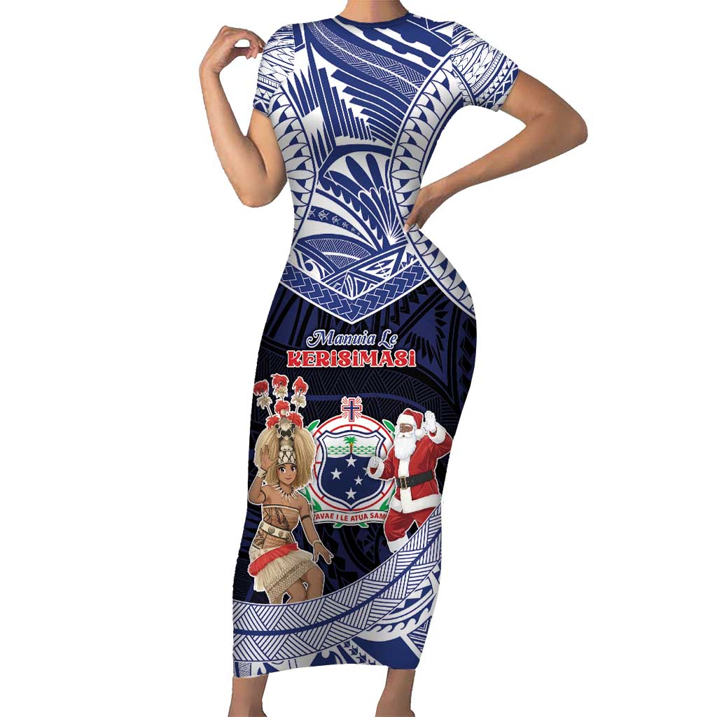 Samoa Christmas Short Sleeve Bodycon Dress Samoan Siva Dance With Santa - Polynesian Pride
