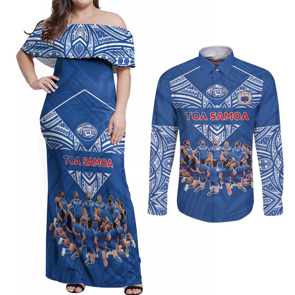 Toa Samoa Couples Matching Off Shoulder Maxi Dress and Long Sleeve Button Shirt Samoan Warrior Spirit Rugby - Polynesian Pride