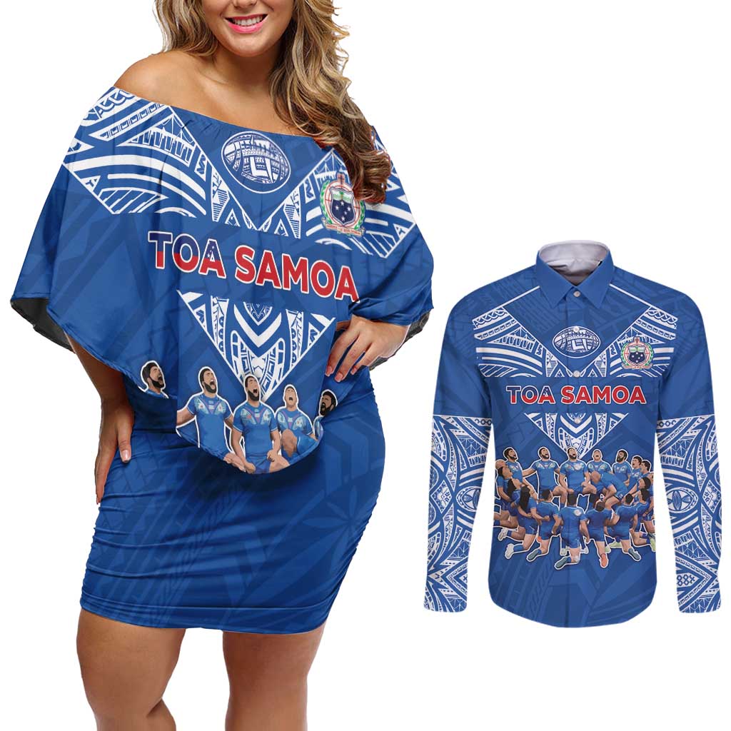 Toa Samoa Couples Matching Off Shoulder Short Dress and Long Sleeve Button Shirt Samoan Warrior Spirit Rugby - Polynesian Pride