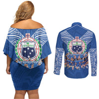 Toa Samoa Couples Matching Off Shoulder Short Dress and Long Sleeve Button Shirt Samoan Warrior Spirit Rugby - Polynesian Pride