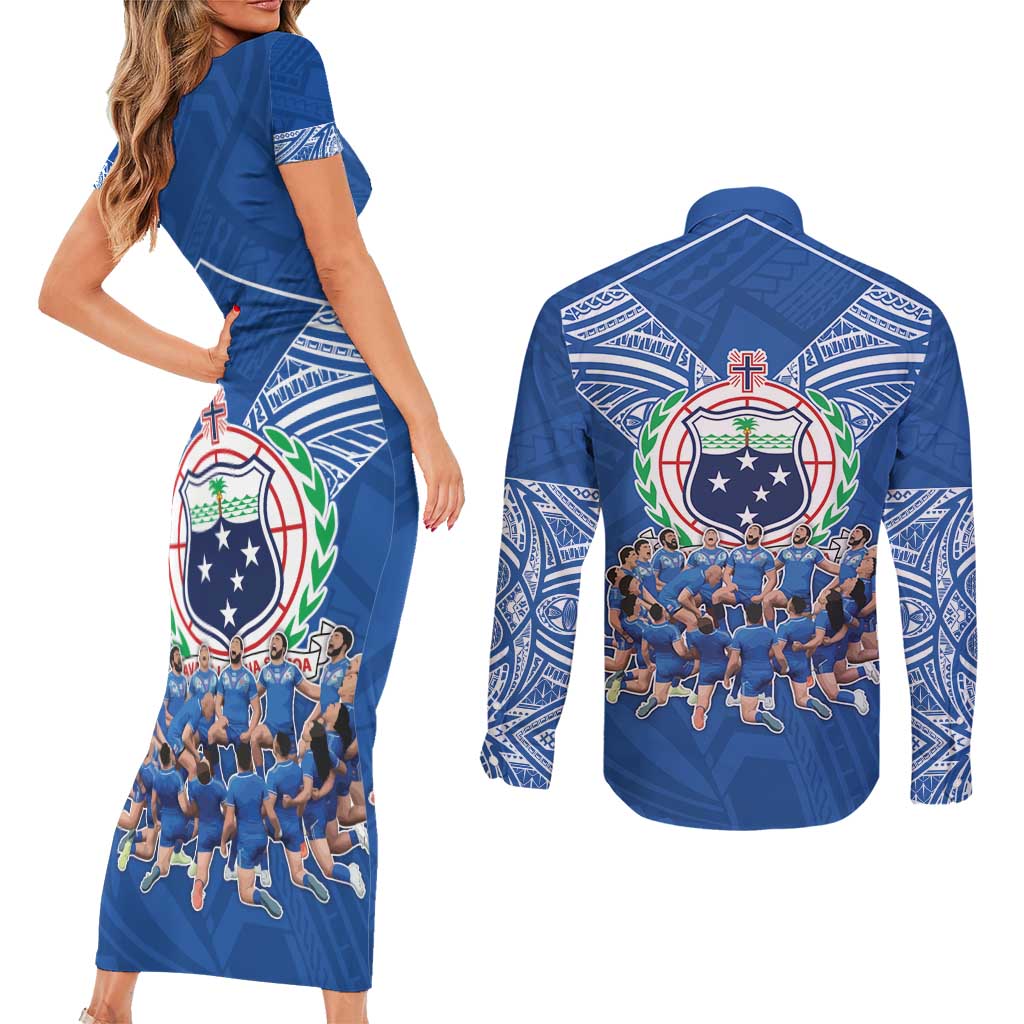 Toa Samoa Couples Matching Short Sleeve Bodycon Dress and Long Sleeve Button Shirt Samoan Warrior Spirit Rugby - Polynesian Pride