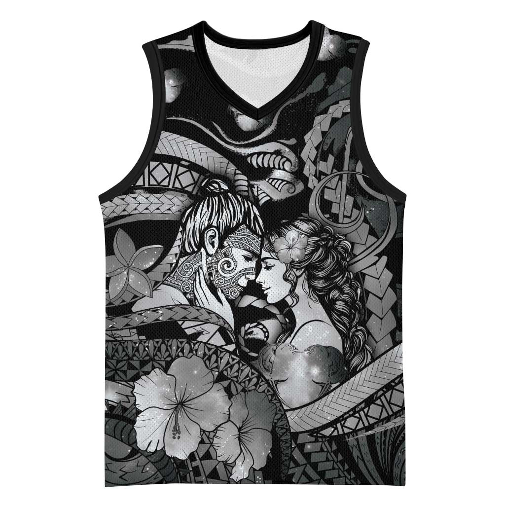 Personalised Maori Romantic Valentine Basketball Jersey The Hongi Kiss Black Galaxy DT05 Unisex Black - Polynesian Pride