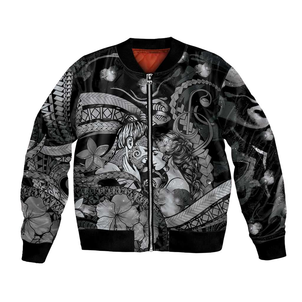 Personalised Maori Romantic Valentine Bomber Jacket The Hongi Kiss Black Galaxy DT05 Unisex Black - Polynesian Pride