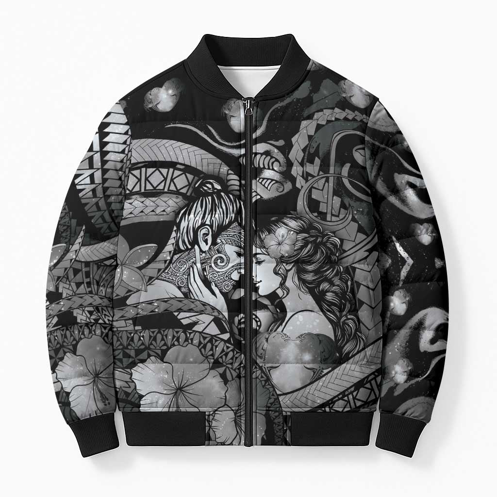 Personalised Maori Romantic Valentine Bomber Puffer Jacket The Hongi Kiss Black Galaxy DT05 Unisex Black - Polynesian Pride