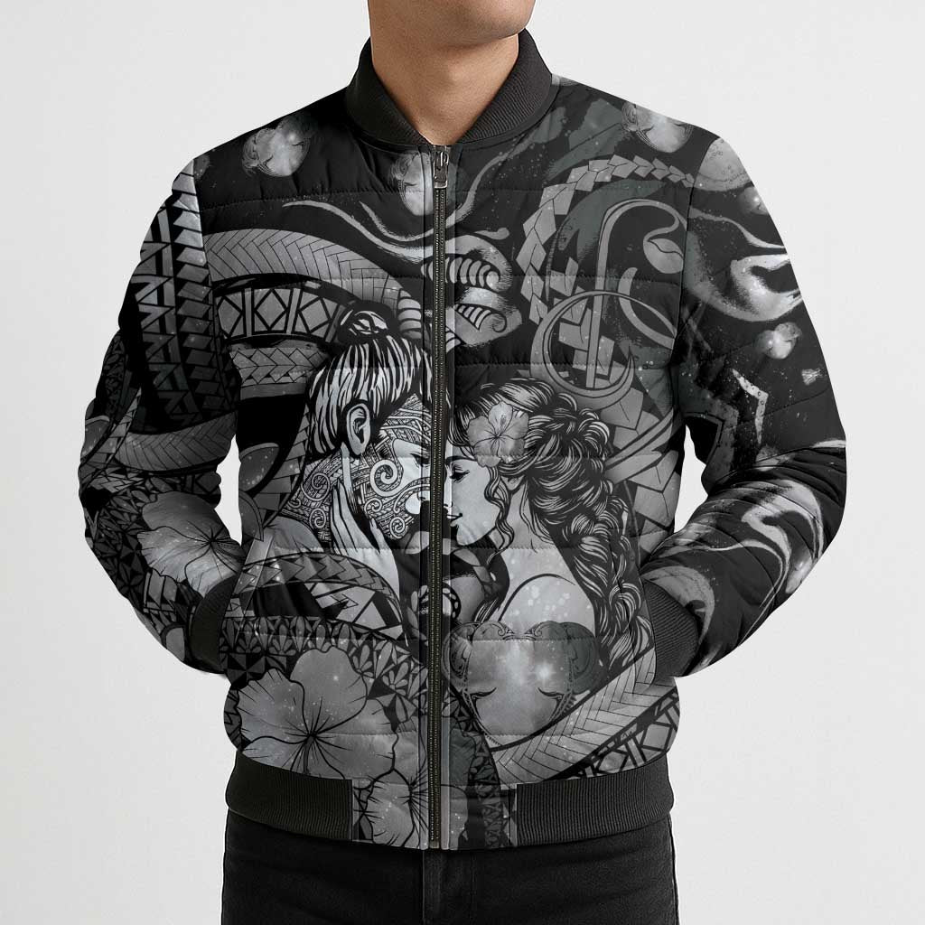 Personalised Maori Romantic Valentine Bomber Puffer Jacket The Hongi Kiss Black Galaxy DT05 - Polynesian Pride