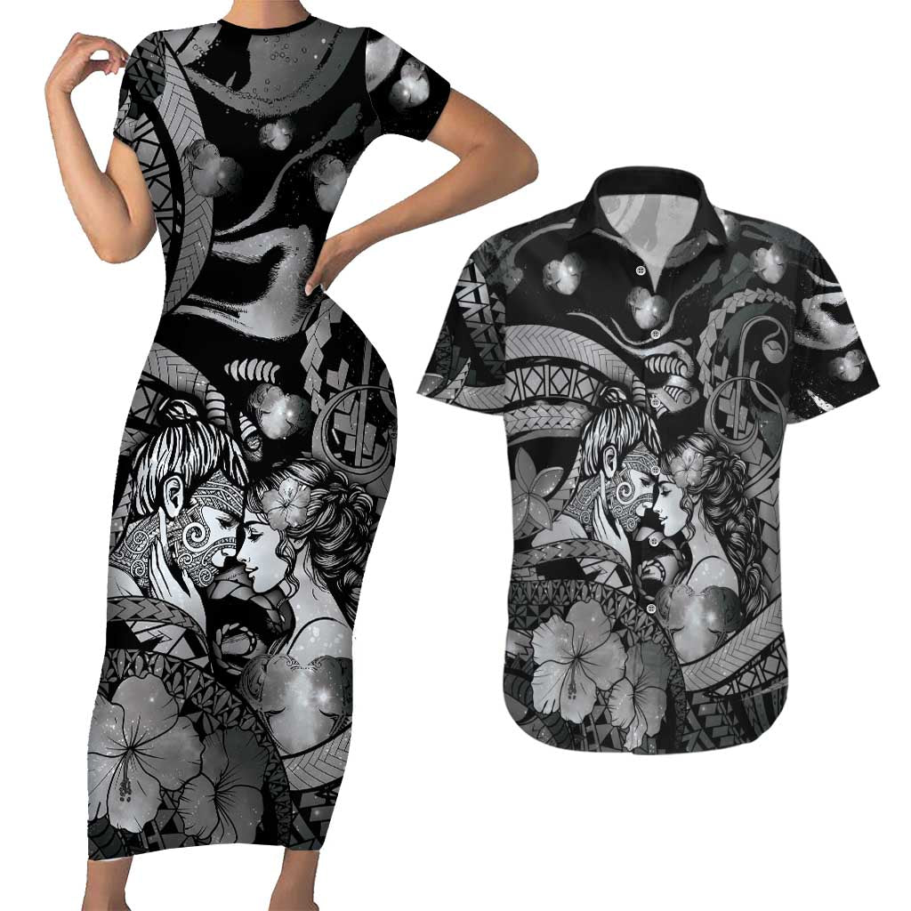 Personalised Maori Romantic Valentine Couples Matching Short Sleeve Bodycon Dress and Hawaiian Shirt The Hongi Kiss Black Galaxy DT05 Black - Polynesian Pride