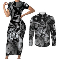 Personalised Maori Romantic Valentine Couples Matching Short Sleeve Bodycon Dress and Long Sleeve Button Shirt The Hongi Kiss Black Galaxy
