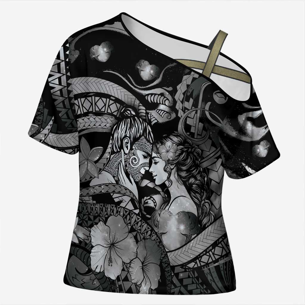 Personalised Maori Romantic Valentine Cross Shoulder Shirt The Hongi Kiss Black Galaxy DT05 Female Black - Polynesian Pride