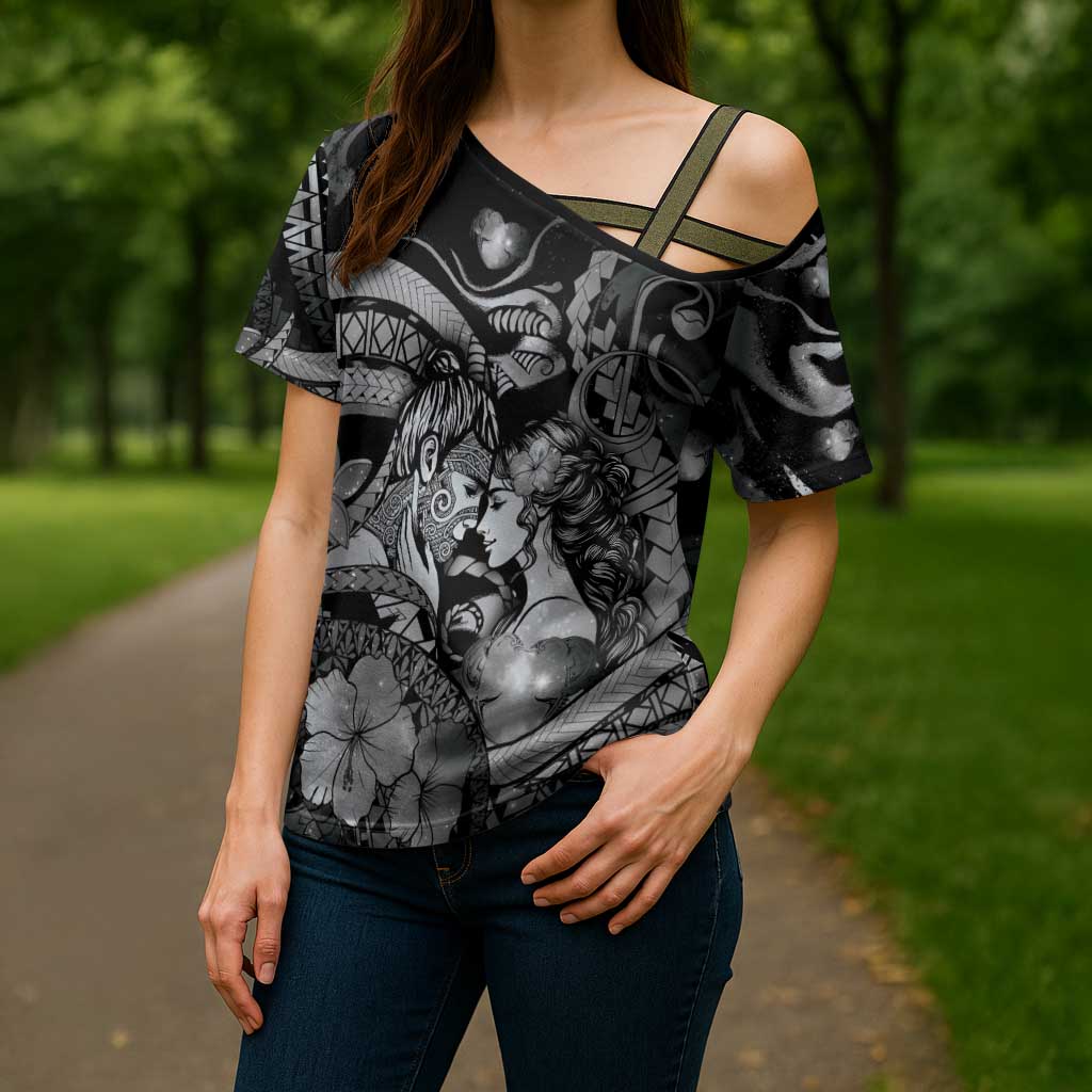 Personalised Maori Romantic Valentine Cross Shoulder Shirt The Hongi Kiss Black Galaxy DT05 - Polynesian Pride