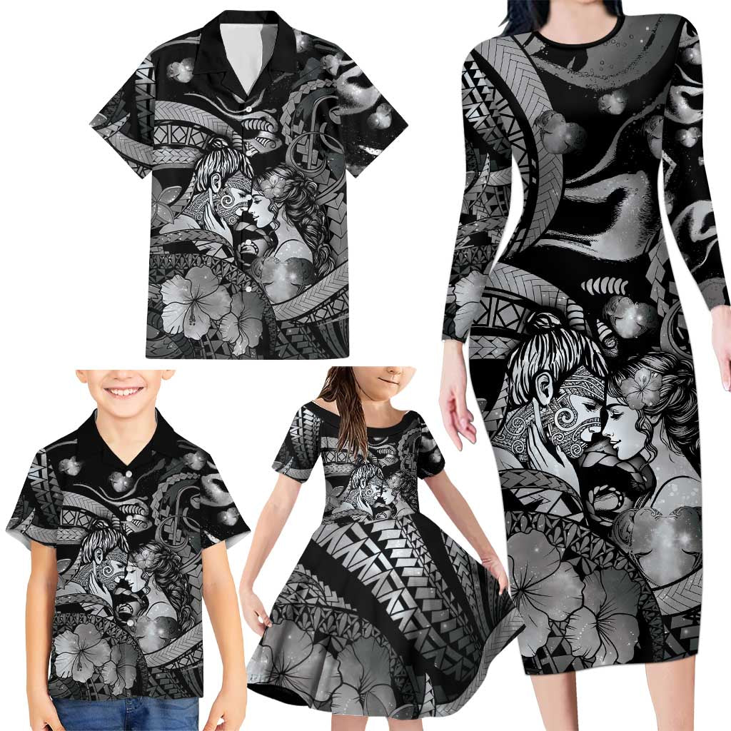 Personalised Maori Romantic Valentine Family Matching Long Sleeve Bodycon Dress and Hawaiian Shirt The Hongi Kiss Black Galaxy DT05 - Polynesian Pride