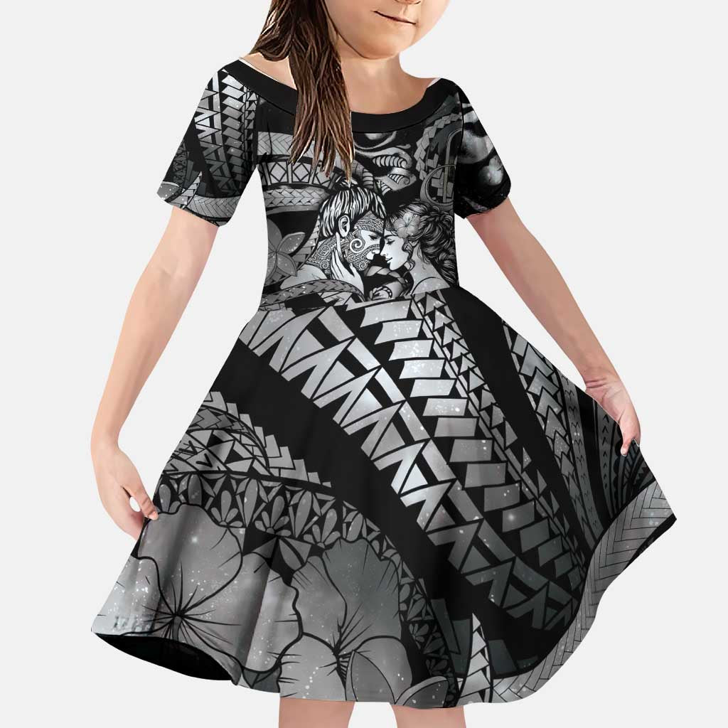 Personalised Maori Romantic Valentine Family Matching Off The Shoulder Long Sleeve Dress and Hawaiian Shirt The Hongi Kiss Black Galaxy