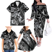 Personalised Maori Romantic Valentine Family Matching Off The Shoulder Long Sleeve Dress and Hawaiian Shirt The Hongi Kiss Black Galaxy