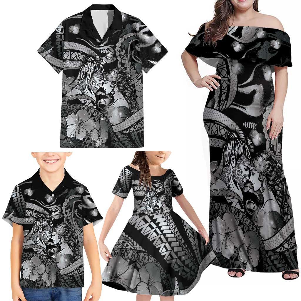 Personalised Maori Romantic Valentine Family Matching Off Shoulder Maxi Dress and Hawaiian Shirt The Hongi Kiss Black Galaxy DT05 - Polynesian Pride