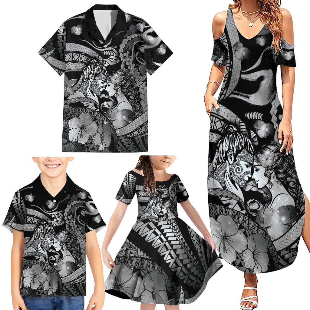 Personalised Maori Romantic Valentine Family Matching Summer Maxi Dress and Hawaiian Shirt The Hongi Kiss Black Galaxy