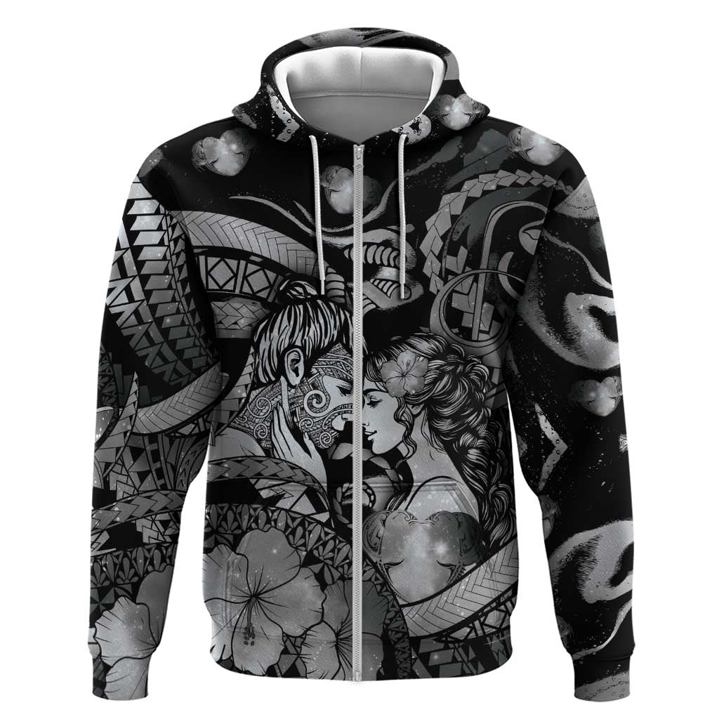 Personalised Maori Romantic Valentine Hoodie The Hongi Kiss Black Galaxy DT05 Zip Hoodie Black - Polynesian Pride