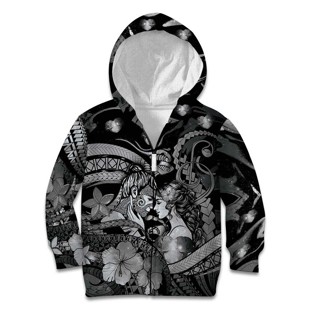 Personalised Maori Romantic Valentine Kid Hoodie The Hongi Kiss Black Galaxy DT05 Zip Hoodie Black - Polynesian Pride