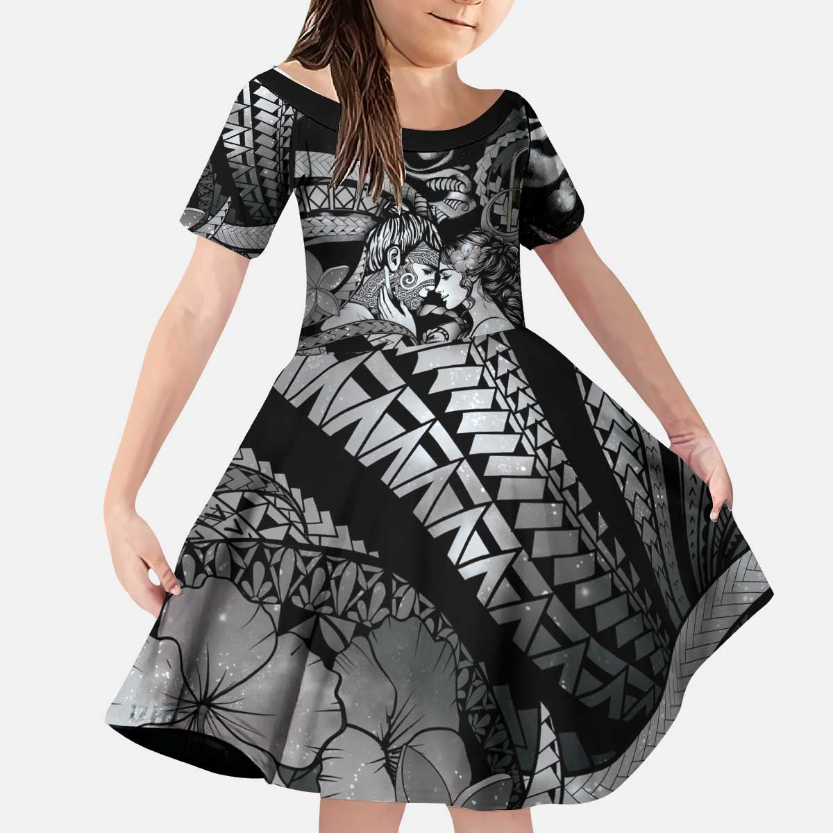 Personalised Maori Romantic Valentine Kid Short Sleeve Dress The Hongi Kiss Black Galaxy DT05 KID Black - Polynesian Pride
