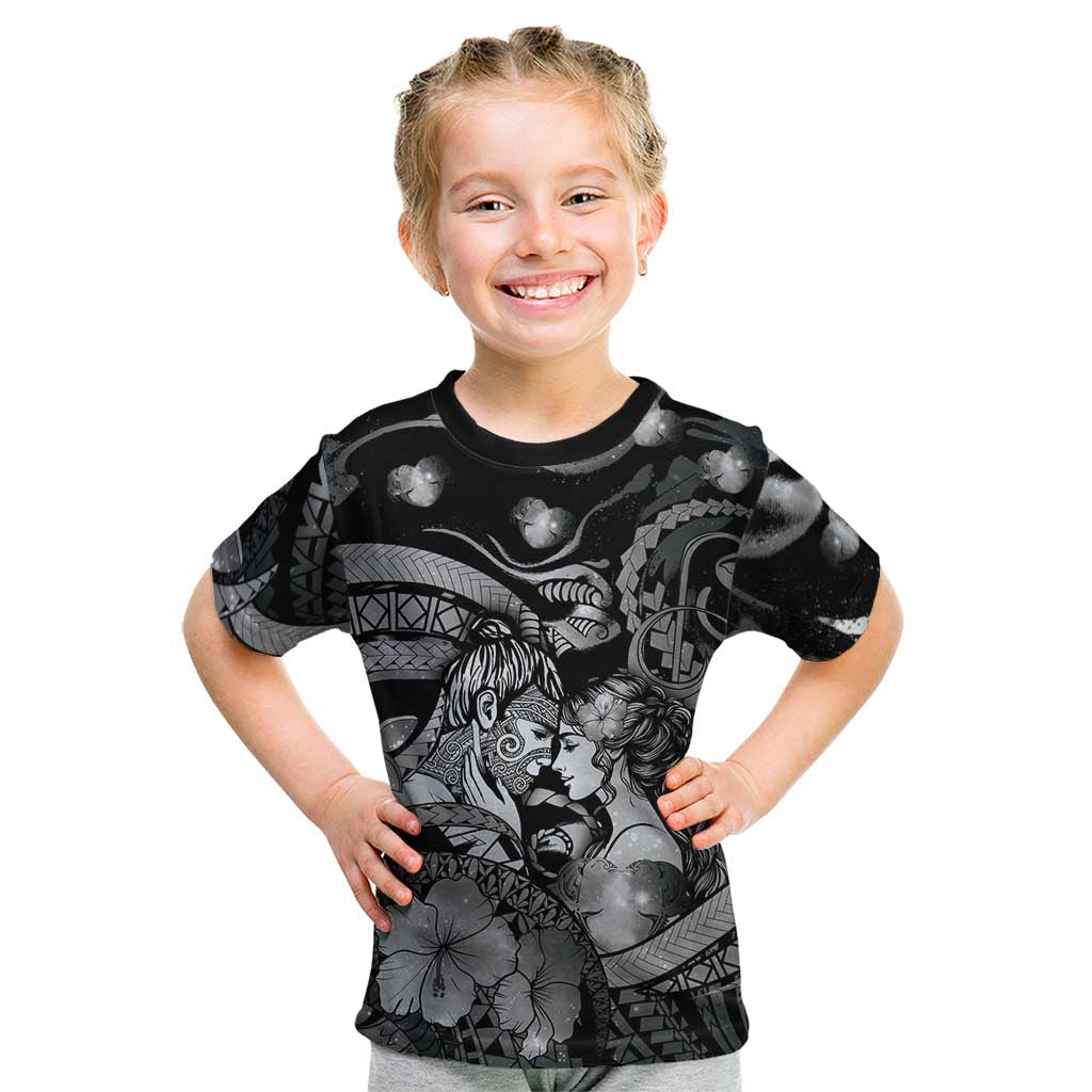 Personalised Maori Romantic Valentine Kid T Shirt The Hongi Kiss Black Galaxy DT05 Black - Polynesian Pride