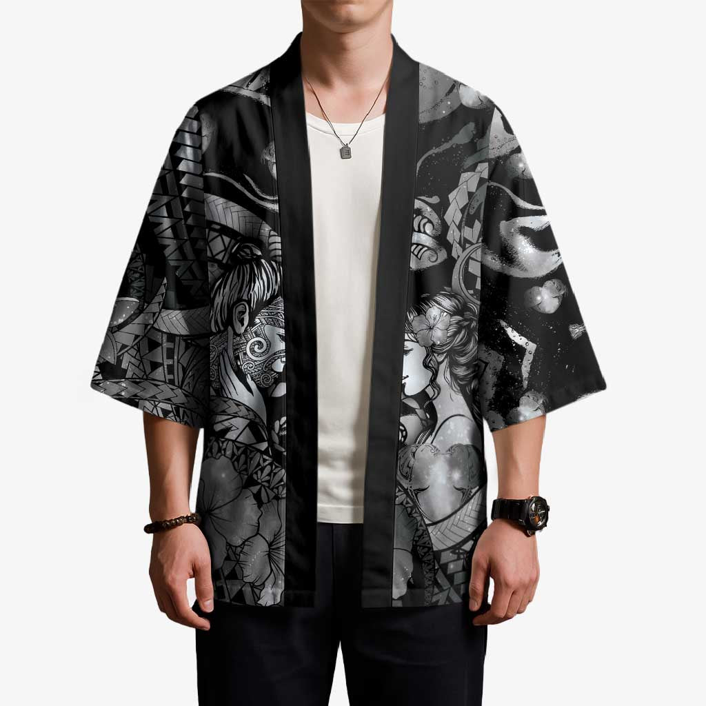 Personalised Maori Romantic Valentine Kimono The Hongi Kiss Black Galaxy DT05 - Polynesian Pride