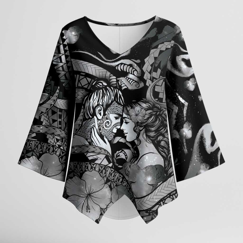 Personalised Maori Romantic Valentine Kimono Sleeve Blouse The Hongi Kiss Black Galaxy DT05 Female Black - Polynesian Pride