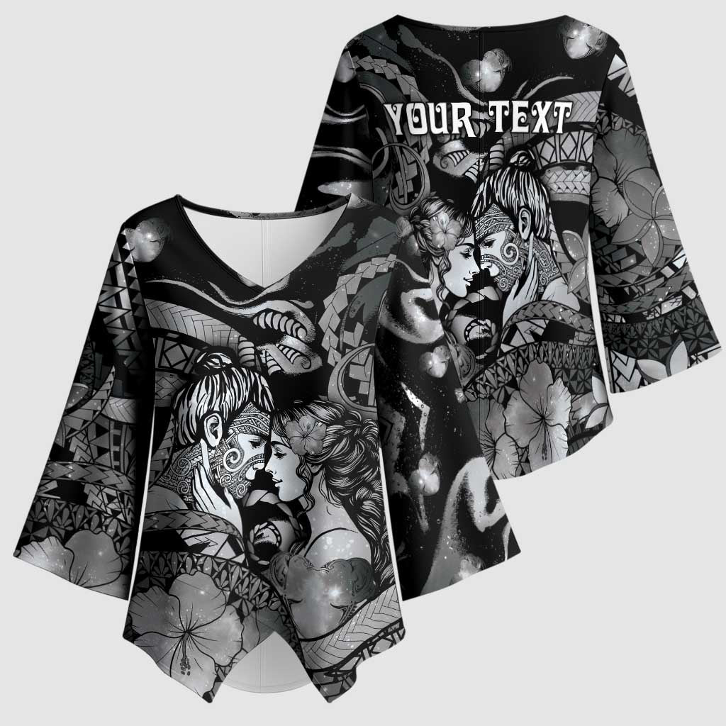 Personalised Maori Romantic Valentine Kimono Sleeve Blouse The Hongi Kiss Black Galaxy DT05 - Polynesian Pride