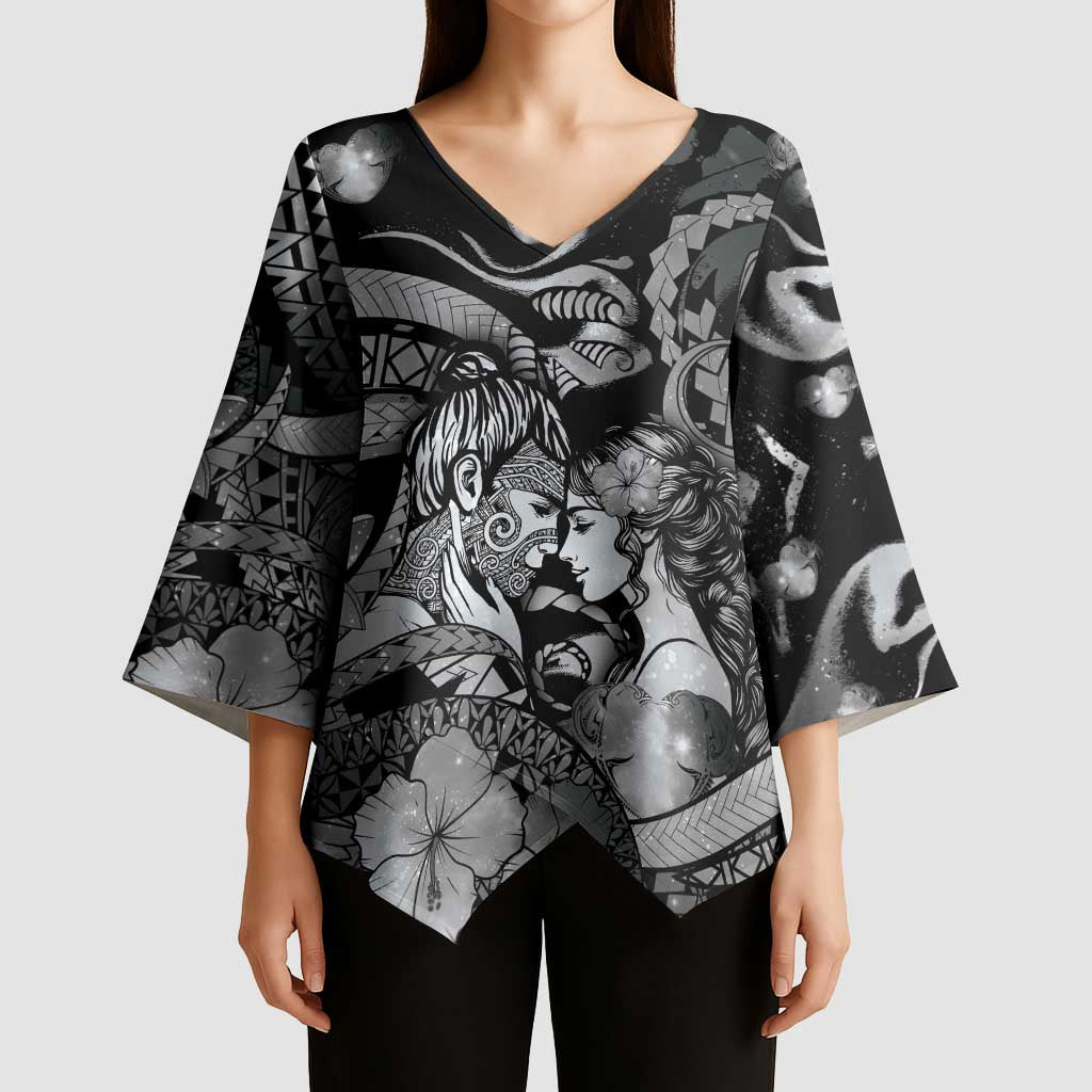 Personalised Maori Romantic Valentine Kimono Sleeve Blouse The Hongi Kiss Black Galaxy DT05 - Polynesian Pride