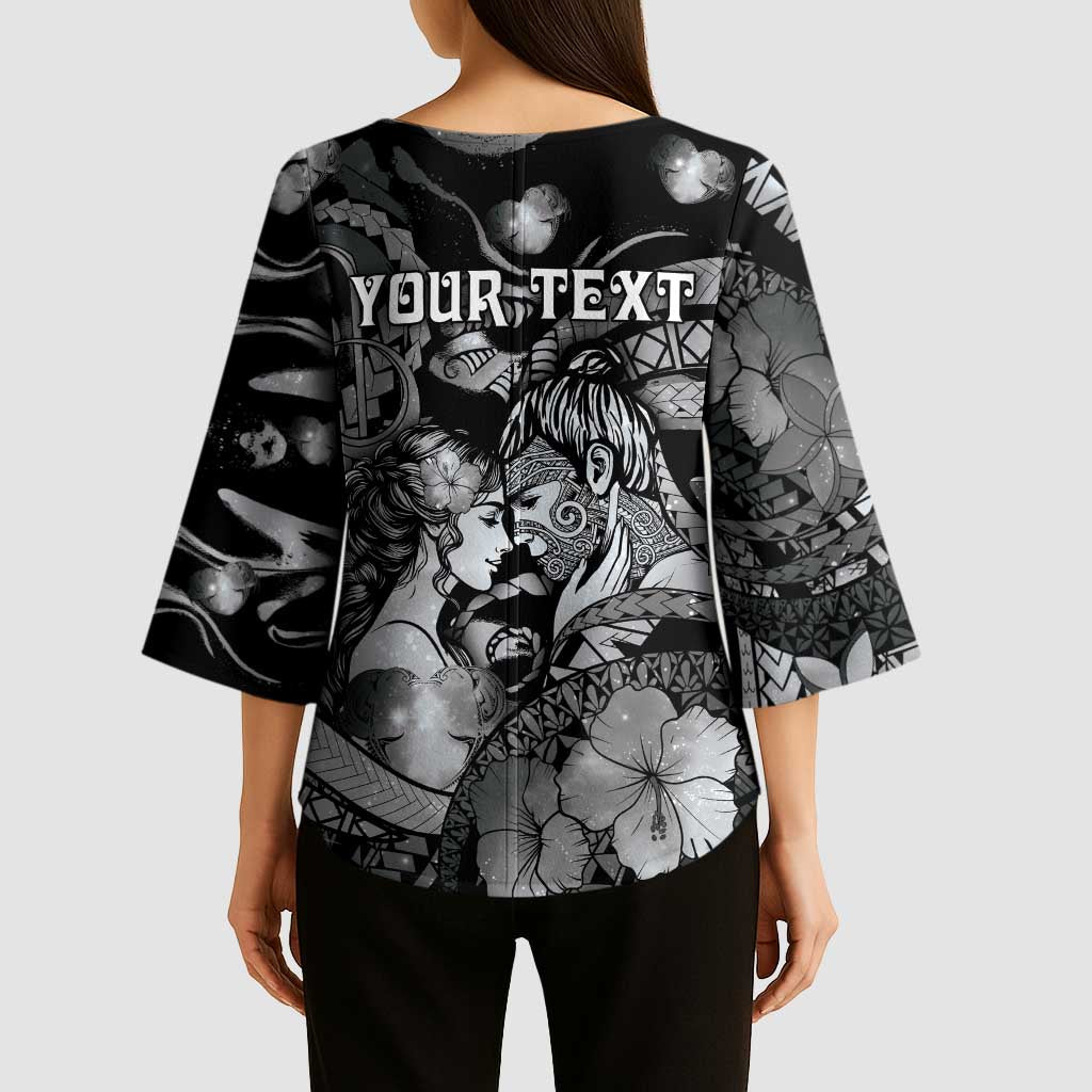 Personalised Maori Romantic Valentine Kimono Sleeve Blouse The Hongi Kiss Black Galaxy DT05 - Polynesian Pride