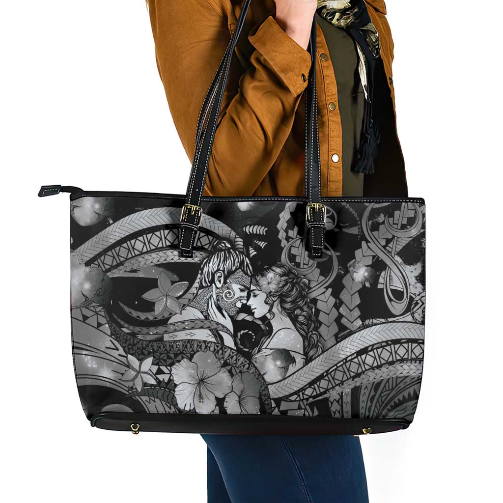 Maori Romantic Valentine Leather Tote Bag The Hongi Kiss Black Galaxy DT05 - Polynesian Pride