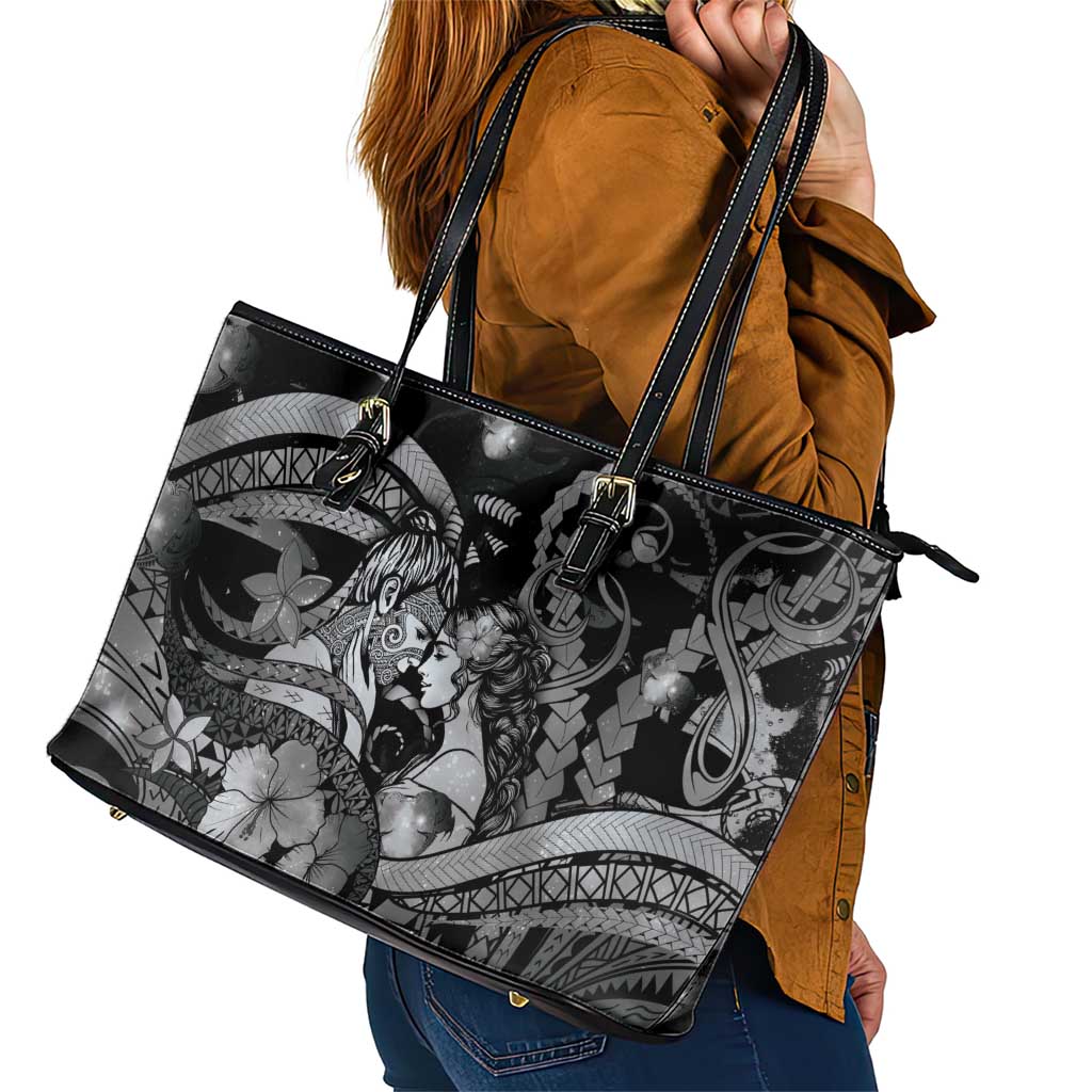 Maori Romantic Valentine Leather Tote Bag The Hongi Kiss Black Galaxy DT05 - Polynesian Pride