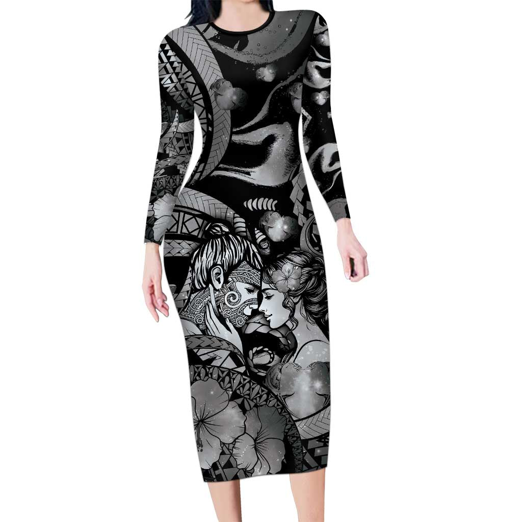 Personalised Maori Romantic Valentine Long Sleeve Bodycon Dress The Hongi Kiss Black Galaxy DT05 Long Dress Black - Polynesian Pride