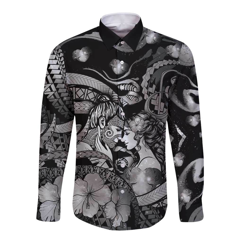 Personalised Maori Romantic Valentine Long Sleeve Button Shirt The Hongi Kiss Black Galaxy DT05 Unisex Black - Polynesian Pride