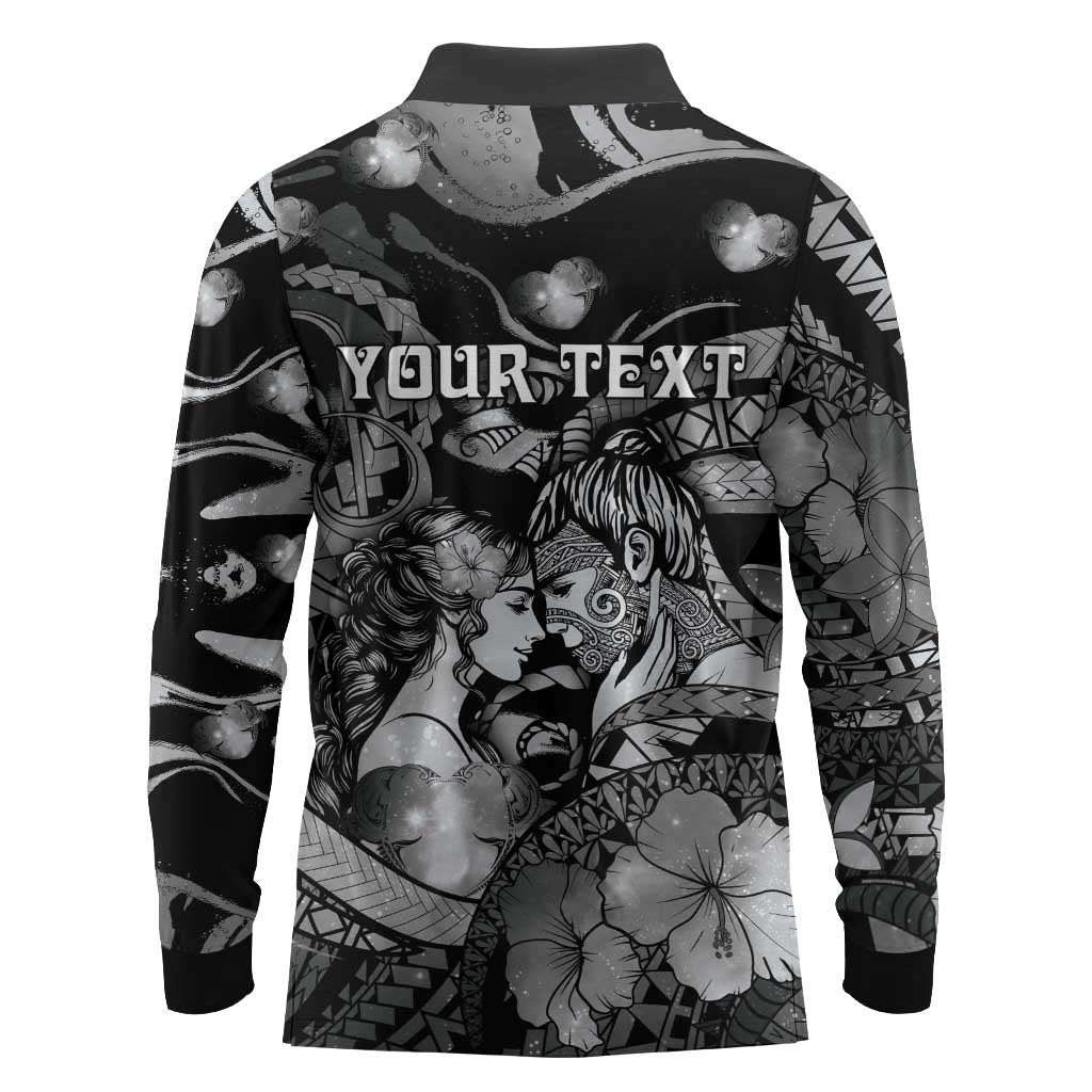 Personalised Maori Romantic Valentine Long Sleeve Polo Shirt The Hongi Kiss Black Galaxy DT05 - Polynesian Pride