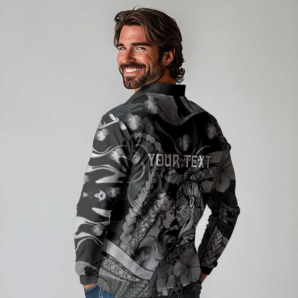 Personalised Maori Romantic Valentine Long Sleeve Polo Shirt The Hongi Kiss Black Galaxy DT05 - Polynesian Pride