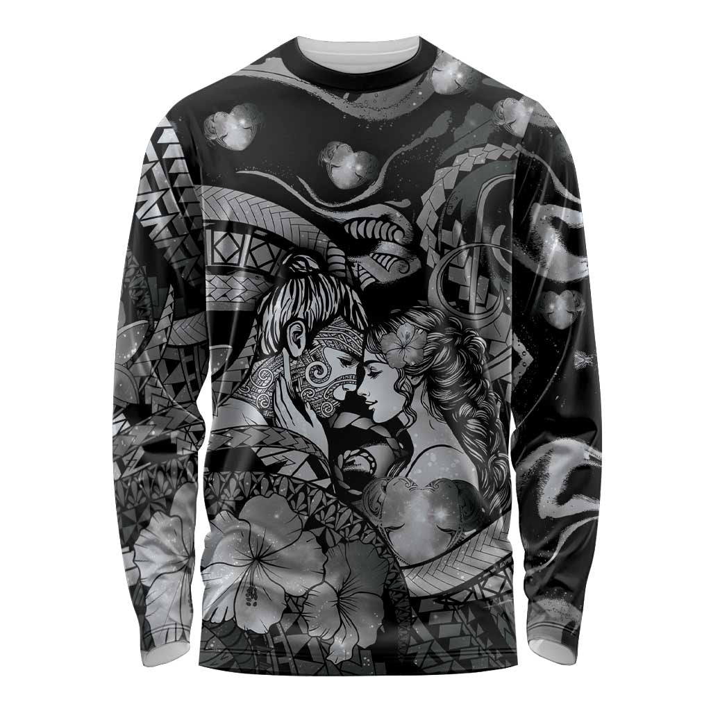 Personalised Maori Romantic Valentine Long Sleeve Shirt The Hongi Kiss Black Galaxy DT05 Unisex Black - Polynesian Pride
