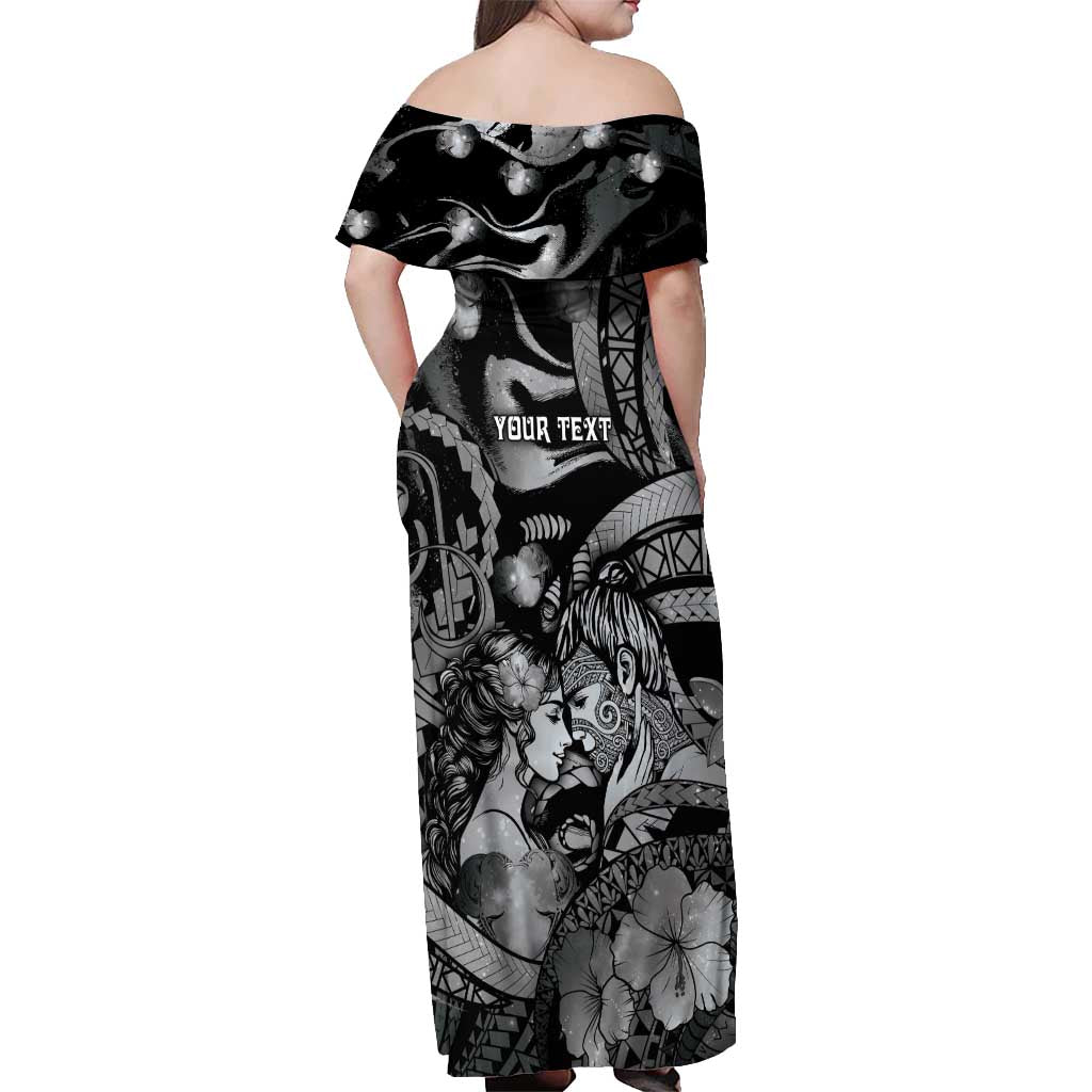 Personalised Maori Romantic Valentine Off Shoulder Maxi Dress The Hongi Kiss Black Galaxy DT05 - Polynesian Pride