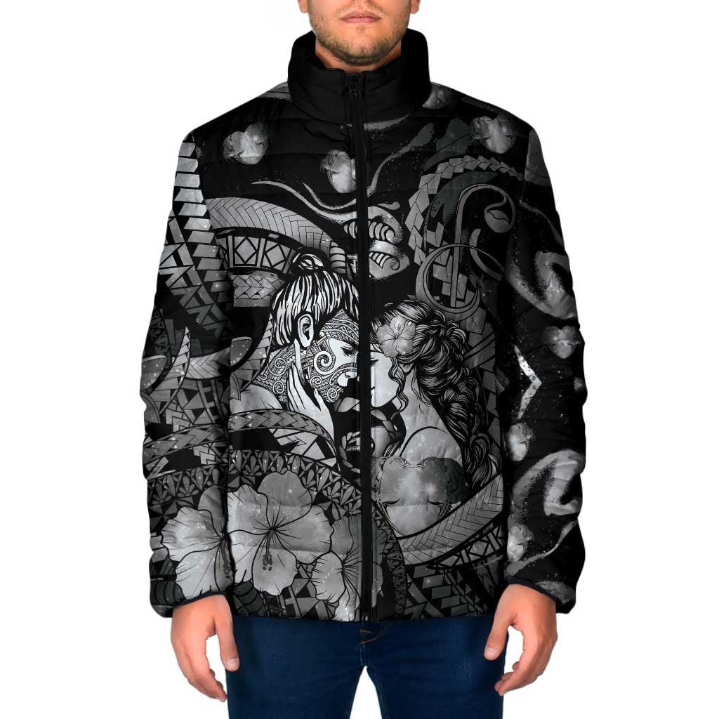 Personalised Maori Romantic Valentine Padded Jacket The Hongi Kiss Black Galaxy DT05 Men Black - Polynesian Pride