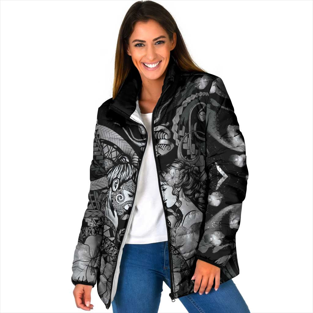 Personalised Maori Romantic Valentine Padded Jacket The Hongi Kiss Black Galaxy DT05 Women Black - Polynesian Pride